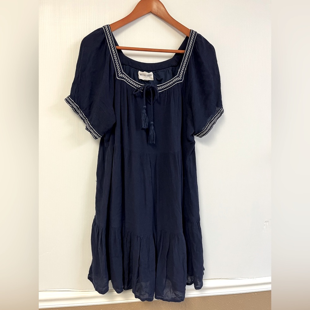 Anthropologie Olive+Oak Dress L Navy Blue Shift Short Tasseled ShortSleeve Lined